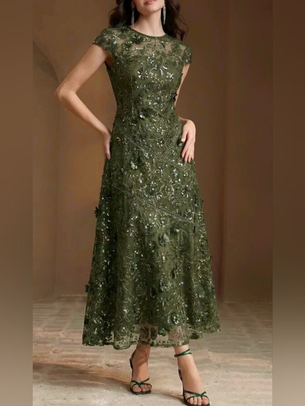 New Luxe Sequin Embroidered Lace Maxi Dress Short Sleeve Asymmetrical Green